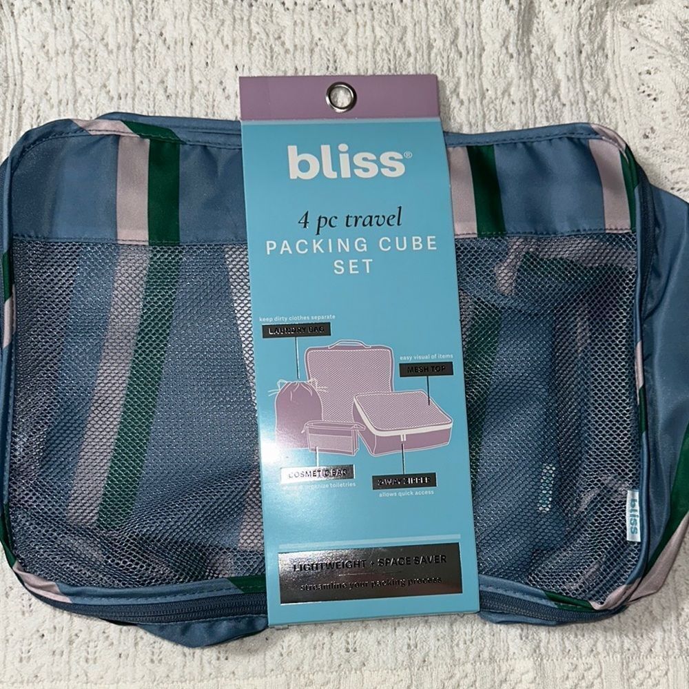 bliss Blue Green Blush Pink Mesh Stripe 4pc Travel Packing Cube Set
